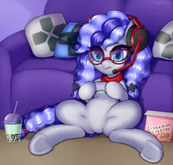 Size: 3000x2850 | Tagged: safe, artist:yutakira92, derpibooru import, oc, oc:cinnabyte, unofficial characters only, earth pony, pony, cinnabetes, clothes, coach, commission, controller, curly mane, cute, featureless crotch, female, gaming, glasses, headphones, mare, ocbetes, pillow, solo, underhoof, ych result