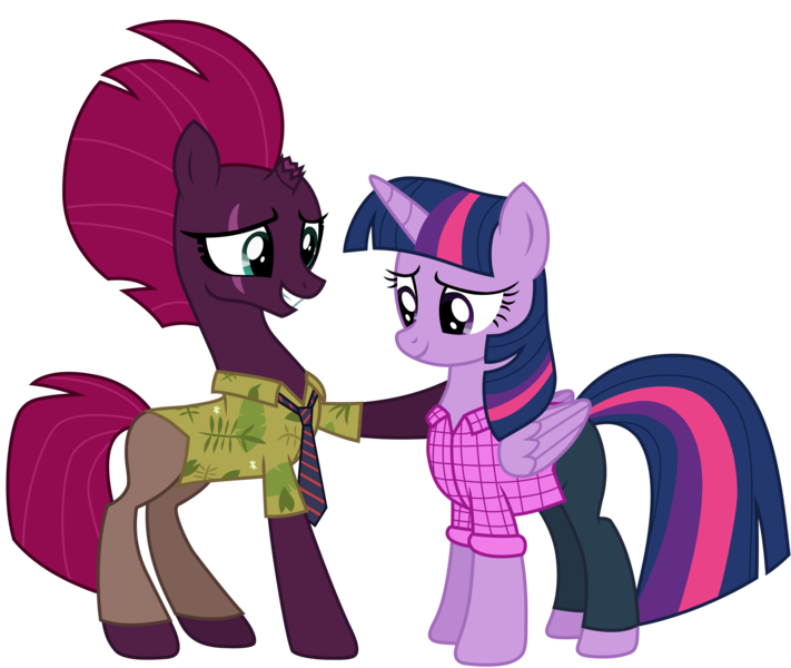 Size: 12012x10137 | Tagged: safe, artist:ejlightning007arts, derpibooru import, tempest shadow, twilight sparkle, twilight sparkle (alicorn), alicorn, unicorn, my little pony: the movie, base used, broken horn, clothes, crossover, eye scar, female, hawaiian shirt, hoof on shoulder, horn, judy hopps, lesbian, mare, necktie, nick wilde, pink shirt, scar, shipping, shirt, simple background, smiling, tempestlight, transparent background, vector, zootopia