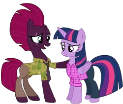 Size: 12012x10137 | Tagged: safe, artist:ejlightning007arts, derpibooru import, tempest shadow, twilight sparkle, twilight sparkle (alicorn), alicorn, unicorn, my little pony: the movie, base used, broken horn, clothes, crossover, eye scar, female, hawaiian shirt, hoof on shoulder, horn, judy hopps, lesbian, mare, necktie, nick wilde, pink shirt, scar, shipping, shirt, simple background, smiling, tempestlight, transparent background, vector, zootopia