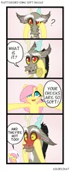 Size: 770x1844 | Tagged: safe, artist:koloredkat, derpibooru import, discord, fluttershy, draconequus, pegasus, pony, blushing, cheek squish, comic, dialogue, discoshy, fangs, female, female pov, interspecies, male, male pov, mare, offscreen character, pov, shipping, squishy cheeks, straight