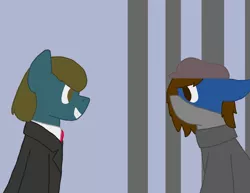 Size: 1510x1165 | Tagged: safe, artist:derpy_the_duck, derpibooru import, oc, oc:clint, oc:lucky, earth pony, fallout equestria, clothes, hat, mafia, prison cell, suit