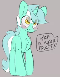 Size: 1573x2000 | Tagged: safe, artist:spoopygander, derpibooru import, lyra heartstrings, pony, unicorn, blushing, captain obvious, chest fluff, cute, gray background, lyrabetes, simple background, solo, text, truth