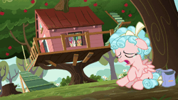 Size: 1000x562 | Tagged: safe, derpibooru import, screencap, apple bloom, cozy glow, scootaloo, sweetie belle, pegasus, pony, marks for effort, animated, apple, apple tree, bag, clubhouse, crocodile tears, crusaders clubhouse, crying, fake crying, female, filly, food, freckles, sad, saddle bag, tree, tree stump, treehouse