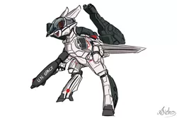 Size: 1500x1000 | Tagged: safe, artist:andromailus, derpibooru import, oc, unofficial characters only, original species, plane pony, pony, robot, robot pony, bipedal, gun, macross, mecha, plane, simple background, solo, vf-1 valkyrie, weapon, white background