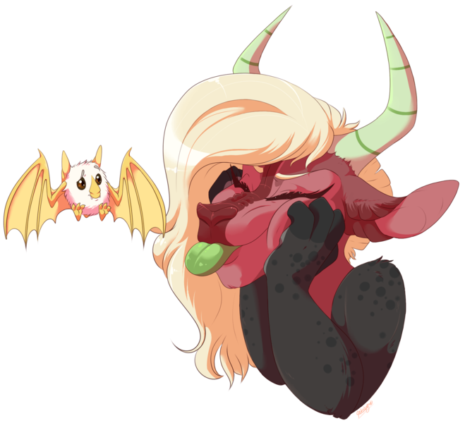 Size: 1710x1558 | Tagged: safe, artist:qatsby, derpibooru import, oc, unofficial characters only, bat, fruit bat, bust, eyes closed, female, horns, interspecies offspring, magical gay spawn, offspring, parent:discord, parent:lord tirek, parents:tirekcord, simple background, solo, spots, squishy cheeks, tongue out, transparent background