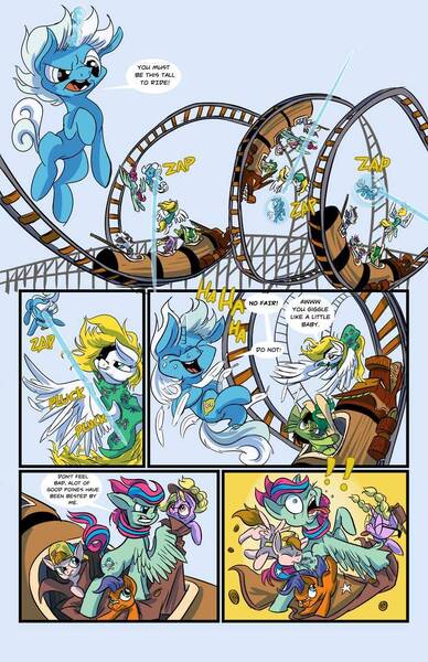 Size: 719x1112 | Tagged: safe, artist:lytlethelemur, derpibooru import, oc, oc:champion, oc:gimbal lock, oc:moeagami, oc:nutmeg, oc:swift wing, earth pony, pegasus, pony, unicorn, zebra, comic:the ponies must be crazy, clothes, comic, dialogue, energy blast, eyepatch, female, glowing horn, headdress, hoof tickling, horn, male, mare, roller coaster, shovel, speech bubble, text, tickling, zebra oc