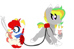 Size: 1500x1000 | Tagged: safe, artist:nootaz, derpibooru import, oc, oc:jester jokes, oc:odd inks, unofficial characters only, earth pony, pegasus, pony, backpack, bag, clown, clown makeup, clown nose, couple, female, funny, grocery bag, knife, leash, machete, male, mare, mouth hold, simple background, stallion, transparent background, trotting
