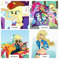 Size: 3264x3264 | Tagged: suggestive, artist:ponut_joe, derpibooru import, edit, edited screencap, screencap, applejack, fluttershy, pinkie pie, rainbow dash, rarity, sci-twi, spike, spike the regular dog, sunset shimmer, twilight sparkle, dog, human, equestria girls, equestria girls series, forgotten friendship, belly button, bikini, blue swimsuit, boots, breasts, canterlot high, caption, clothes, cowboy boots, cowboy hat, cute, cutie mark swimsuit, dolly parton challenge, facebook, female, females only, fit, hat, human coloration, humane five, humane seven, humane six, humanized, image macro, instagram, jackabetes, linkedin, meme, midriff, motorcycle, muscles, sexy, shoes, shorts, sunglasses, swimsuit, text, tinder, tricolor swimsuit