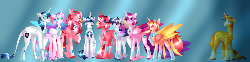 Size: 10000x2500 | Tagged: safe, artist:clay-bae, derpibooru import, princess cadance, princess flurry heart, shining armor, sunburst, oc, oc:pure heart, oc:rome rose, oc:royal grove, oc:silver shield, oc:valentine, alicorn, pegasus, pony, unicorn, absurd resolution, family, female, implied infidelity, male, mare, offspring, older, parent:princess cadance, parent:shining armor, parent:sunburst, parents:shiningcadance, parents:sundence, siblings, stallion