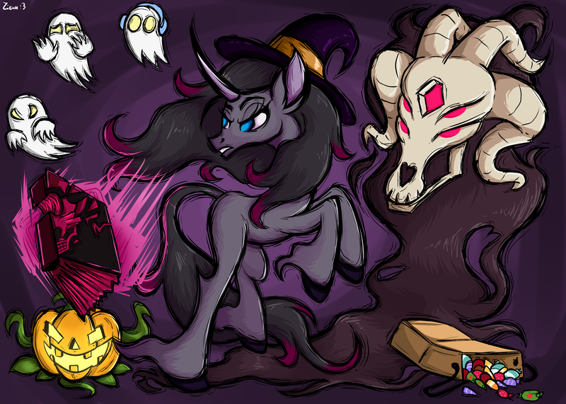 Size: 4200x3000 | Tagged: safe, artist:ziemniax, derpibooru import, fhtng th§ ¿nsp§kbl, oleander (tfh), classical unicorn, ghost, undead, unicorn, them's fightin' herds, candy, cloven hooves, community related, food, halloween, holiday, leonine tail, pumpkin, unshorn fetlocks