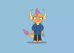 Size: 2870x2068 | Tagged: safe, artist:gd_inuk, derpibooru import, smolder, dragon, blue background, clothes, dragoness, female, hands in pockets, high res, hoodie, looking at you, pants, shrunken pupils, simple background, smolder is not amused, solo, standing, story included, unamused