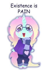 Size: 483x692 | Tagged: safe, artist:ravenpuff, deleted from derpibooru, derpibooru import, oc, oc:umbreow, unofficial characters only, anthro, unicorn, chibi, clothes, female, glasses, mare, nihilism, scarf, simple background, solo, sweater, transparent background