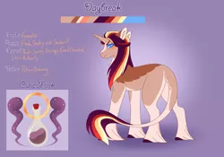 Size: 3500x2454 | Tagged: safe, artist:clay-bae, derpibooru import, oc, oc:daybreak, pony, unicorn, female, magical gay spawn, mare, offspring, parent:flash sentry, parent:sunburst, parents:flashburst, reference sheet, solo, unshorn fetlocks