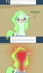 Size: 900x1534 | Tagged: safe, artist:askmerriweatherauthor, derpibooru import, oc, oc:merriweather, pony, unicorn, apron, ask merriweather, blushing, blushing profusely, clothes, female, mare, scar, solo