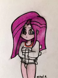 Size: 1502x1995 | Tagged: safe, artist:michaelmaddox222, deleted from derpibooru, derpibooru import, pinkie pie, equestria girls, angry, bondage, colored, female, looking at you, pencil drawing, pinkamena diane pie, signature, solo, straitjacket, traditional art