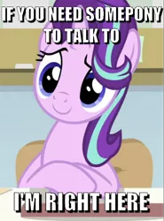 Size: 514x694 | Tagged: safe, derpibooru import, edit, edited screencap, screencap, starlight glimmer, pony, unicorn, a horse shoe-in, bronybait, caption, chair, cropped, cute, desk, glimmerbetes, image macro, looking at you, meme, sitting, smiling, solo, text