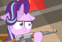 Size: 2500x1700 | Tagged: safe, artist:pizzamovies, derpibooru import, starlight glimmer, pony, unicorn, :i, ak-47, assault rifle, communism, delet this, female, floppy ears, gun, hammer and sickle, holding, i mean i see, mare, rifle, show accurate, solo, soviet union, stalin glimmer, weapon