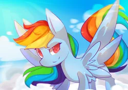Size: 2480x1748 | Tagged: safe, artist:ame-baki, derpibooru import, rainbow dash, pegasus, pony, cloud, colored pupils, female, looking at you, mare, on a cloud, sky, smiling, smirk, spread wings, standing on cloud, wings