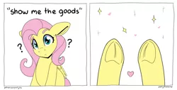 Size: 5920x3000 | Tagged: safe, artist:partylikeanartist, derpibooru import, fluttershy, pegasus, pony, comic, confluttershy, confused, frog (hoof), heart eyes, hooves, innocent, meme, painfully innocent fluttershy, question mark, show me the goods, solo, text, underhoof, wingding eyes
