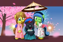 Size: 800x531 | Tagged: safe, artist:jhayarr23, derpibooru import, oc, oc:smooth walker, oc:terra wrath, unofficial characters only, pony, unicorn, bipedal, bowl, clothes, female, kimono (clothing), mare, umbrella, wing hands, wings