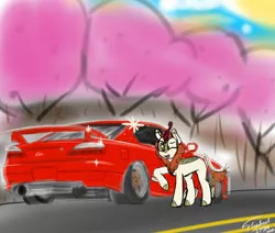 Size: 6500x5500 | Tagged: absurd resolution, artist:flywheel, autumn blaze, car, cherry blossoms, derpibooru import, flower, flower blossom, kirin, nissan, nissan silvia, one eye closed, road, safe, wink