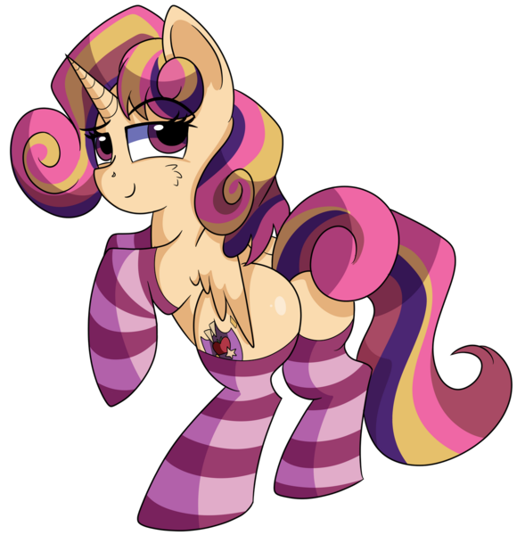 Size: 1280x1303 | Tagged: safe, artist:rainbowtashie, derpibooru import, apple bloom, dinky hooves, scootaloo, sweetie belle, oc, oc:princess young heart, alicorn, pony, adorable face, alicorn oc, alicorn princess, butt, clothes, commissioner:bigonionbean, cute, cutie mark, cutie mark crusaders, dat butt, flank, fusion, fusion:princess young heart, horn, meme, plot, seductive pose, socks, striped socks, sultry pose, the ultimate cutie mark crusader, thicc ass, wings