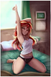 Size: 661x1000 | Tagged: suggestive, artist:the-park, derpibooru import, sunset shimmer, equestria girls, armpits, barefoot, bed, belly button, black underwear, breasts, briefs, calendar, camisole, clothes, feet, morning, panties, pillow, sleeveless, solo, stretching, thighs, underwear, waking up, white underwear, window