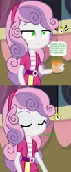 Size: 493x1196 | Tagged: safe, derpibooru import, edit, edited screencap, editor:thomasfan45, screencap, sweetie belle, equestria girls, rainbow rocks, 1000 hours in ms paint, belt, canterlot high, clothes, cute, description is relevant, drowsy, eyes closed, female, gymnasium, headband, hypno eyes, hypnosis, hypnotized, implied scootaloo, jacket, lidded eyes, offscreen character, paint can, pendulum swing, pocket watch, shirt, skirt, sleeping, sleepy, solo, speech bubble, story included