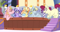 Size: 1024x549 | Tagged: safe, artist:maximumbark, derpibooru import, oc, oc:apple tango, oc:frosty beats, oc:gala dress, oc:midnight snack, oc:spark burst, oc:sweet berry, unofficial characters only, earth pony, pegasus, pony, unicorn, female, half-siblings, hot tub, magical lesbian spawn, mare, offspring, parent:applejack, parent:fluttershy, parent:octavia melody, parent:pinkie pie, parent:rainbow dash, parent:rarity, parent:soarin', parent:sunset shimmer, parent:trixie, parent:twilight sparkle, parent:vinyl scratch, parents:flutterdash, parents:rarijack, parents:scratchtavia, parents:soarinjack, parents:suntrix, parents:twinkie