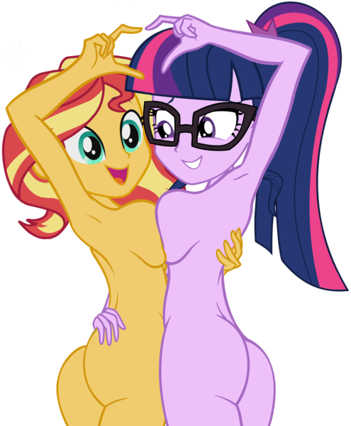 Size: 2475x3000 | Tagged: questionable, artist:earth_pony_colds, derpibooru import, edit, editor:celestiagonewild, vector edit, sci-twi, sunset shimmer, twilight sparkle, equestria girls, adorasexy, armpits, ass, breast squish, breasts, bunset shimmer, busty sunset shimmer, busty twilight sparkle, butt, cute, female, females only, glasses, heart hands, lesbian, lidded eyes, looking at each other, looking back, nudity, open mouth, scitwishimmer, sexy, shipping, show accurate, show accurate porn, sideboob, simple background, smiling, sunsetsparkle, symmetrical docking, transparent background, twibutt, vector