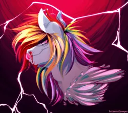 Size: 1529x1347 | Tagged: safe, artist:polkadot-creeper, derpibooru import, rainbow dash, pegasus, pony, awesome, badass, cool, epic, female, lightning, mare, red sky, solo, tongue out, wings