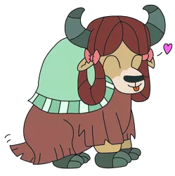 Size: 1362x1369 | Tagged: safe, artist:supahdonarudo, derpibooru import, yona, yak, :p, bow, cloven hooves, cute, female, hair bow, heart, monkey swings, simple background, sitting, tail wag, tongue out, transparent background, yonadorable