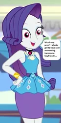 Size: 297x594 | Tagged: safe, derpibooru import, edit, edited screencap, editor:thomasfan45, screencap, rarity, equestria girls, equestria girls series, holidays unwrapped, spoiler:eqg series (season 2), 1000 hours in ms paint, alternate eye color, beautiful, blouse, bracelet, brainwashing, canterlot mall, clothes, cropped, cute, dashing through the mall, description is relevant, female, food court, hand on hip, jewelry, love spell, mind control, necklace, offscreen character, open mouth, pencil skirt, pink eyes, raribetes, skirt, smiling, solo, speech bubble, story included