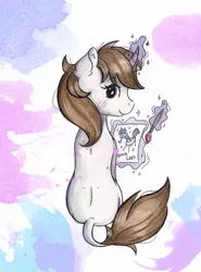 Size: 1990x2690 | Tagged: safe, artist:lightisanasshole, derpibooru import, oc, oc:dorm pony, pony, unicorn, abstract background, book, brown eyes, brush, curved horn, hearth's warming con, horn, levitation, looking at you, looking back, magic, painting, solo, telekinesis