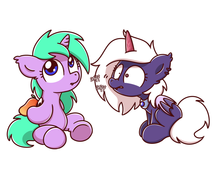 Size: 2560x2048 | Tagged: safe, artist:sugar morning, derpibooru import, oc, oc:chiarezza, oc:lavender bliss, alicorn, bat pony, bat pony alicorn, pony, bat pony oc, bat wings, female, food, horn, jewelry, mango, not an alicorn, onomatopoeia, pendant, prosthetic horn, prosthetics, simple background, sitting, sniffing, tiny pupils, transparent background, underhoof, white mane, white tail, wings