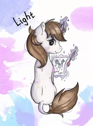 Size: 1990x2690 | Tagged: safe, artist:lightisanasshole, derpibooru import, edit, oc, oc:dorm pony, pony, unicorn, abstract background, book, brown eyes, brush, curved horn, hearth's warming con, horn, levitation, looking at you, looking back, magic, painting, solo, telekinesis, text, text edit