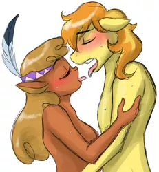 Size: 922x996 | Tagged: suggestive, artist:hasana-chan, derpibooru import, braeburn, little strongheart, anthro, braeheart, breasts, busty little strongheart, clothes, female, kissing, male, nudity, partial nudity, shipping, sloppy kissing, straight, sweat, tongue out, topless