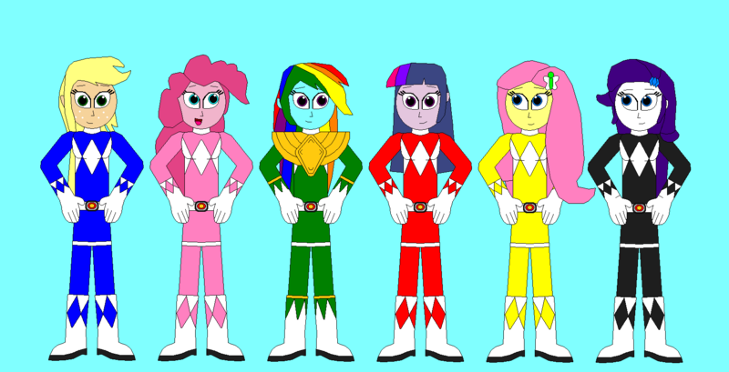 Size: 1625x831 | Tagged: safe, artist:eli-j-brony, derpibooru import, applejack, fluttershy, pinkie pie, rainbow dash, rarity, sci-twi, twilight sparkle, equestria girls, black ranger, blue background, blue ranger, green ranger, humane five, humane six, kyoryu sentai zyuranger, mighty morphin power rangers, pink ranger, power rangers, red ranger, simple background, yellow ranger