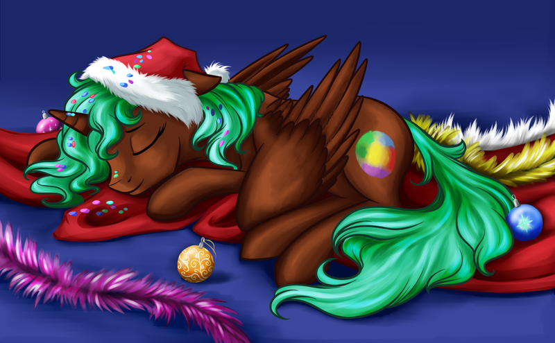 Size: 1426x882 | Tagged: safe, artist:28gooddays, derpibooru import, oc, oc:equie, unofficial characters only, alicorn, pony, alicorn oc, christmas, decoration, garland, hat, holiday, horn, ornaments, santa hat, sleeping, solo, wings