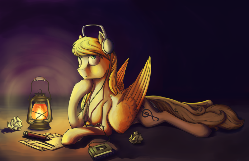 Size: 1496x970 | Tagged: safe, artist:28gooddays, derpibooru import, oc, oc:crazy ditty, unofficial characters only, pegasus, pony, cassette player, crumpled, headphones, lantern, paper, solo