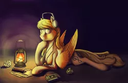 Size: 1496x970 | Tagged: safe, artist:28gooddays, derpibooru import, oc, oc:crazy ditty, unofficial characters only, pegasus, pony, cassette player, crumpled, headphones, lantern, paper, solo