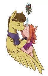 Size: 644x1000 | Tagged: safe, artist:28gooddays, derpibooru import, oc, oc:desable, unofficial characters only, pegasus, pony, unicorn, christmas, clothes, couple, holiday, holly, holly mistaken for mistletoe, kissing, mistletoe, scarf