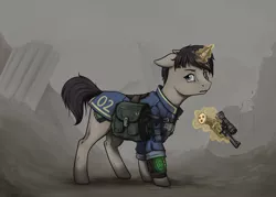 Size: 1159x830 | Tagged: safe, artist:28gooddays, derpibooru import, oc, oc:littlepip, unofficial characters only, pony, unicorn, fallout equestria, fanfic, alternate design, bag, clothes, fallout, fanfic art, female, floppy ears, glowing horn, gun, handgun, headcanon, hooves, horn, levitation, little macintosh, looking at you, magic, mare, optical sight, pipbuck, revolver, ruins, saddle bag, scope, solo, standing, telekinesis, vault suit, weapon