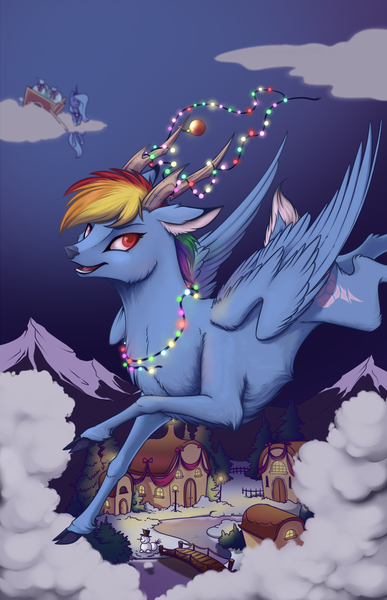 Size: 880x1364 | Tagged: safe, artist:28gooddays, derpibooru import, princess luna, rainbow dash, alicorn, deer, pony, reindeer, deerified, horns, new year, rainbow deer, reindeer dash, reindeerified, snowpony, solo, species swap