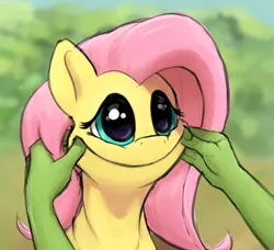 Size: 1236x1128 | Tagged: safe, artist:whiskeypanda, derpibooru import, fluttershy, oc, oc:anon, ponified, human, pegasus, pony, /mlp/, 4chan, adoracreepy, blessed image, blursed image, bust, cheek squish, creepy, creepy smile, cursed image, cute, drawthread, duo, female, forced smile, hand, mare, offscreen character, pinching, ponified animal photo, shyabetes, smiling, solo focus, squishy cheeks