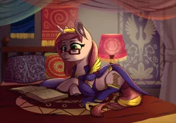 Size: 1425x1000 | Tagged: safe, artist:28gooddays, derpibooru import, oc, unofficial characters only, pony, unicorn, bed, book, clothes, commission, ear fluff, female, glasses, mare, on bed, prone, reading, socks, solo, ych result