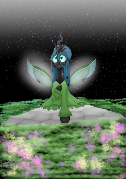 Size: 1280x1823 | Tagged: a better ending for chrysalis, artist:mr100dragon100, black background, changedling wings, clothes, cute, cutealis, derpibooru import, dress, flower, grass, light, queen chrysalis, safe, simple background, stone