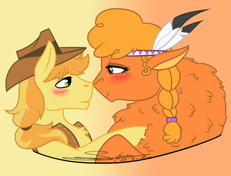 Size: 1088x830 | Tagged: safe, artist:tejedora, derpibooru import, edit, braeburn, little strongheart, buffalo, earth pony, pony, braeheart, cropped, female, male, shipping, straight