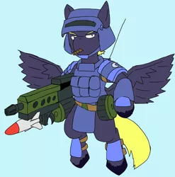 Size: 2025x2048 | Tagged: safe, artist:omegapony16, derpibooru import, oc, oc:oriponi, unofficial characters only, pegasus, pony, armor, bipedal, cigar, clothes, frown, helmet, male, pegasus oc, rocket launcher, simple background, solo, spread wings, stallion, unshorn fetlocks, vest, wings