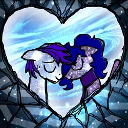 Size: 900x900 | Tagged: artist needed, safe, derpibooru import, oc, oc:dew blue, oc:yanel love, earth pony, pegasus, pony, bust, clothes, eyes closed, female, heart, love, male, mare, oc x oc, portrait, scarf, shipping, smiling, stallion